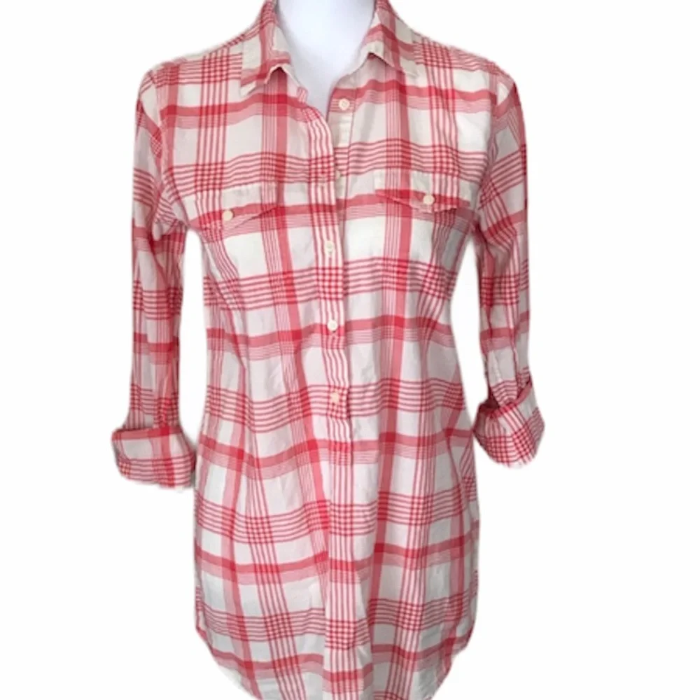 J.Crew Red White Plaid Pullover Shirt Long Sleeve Half Button Front Top XS